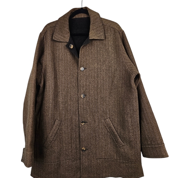 Brown Herringbone Button‎ Up Trenchcoat Jacket Black Fleece Lining Men's XL - Picture 1 of 12